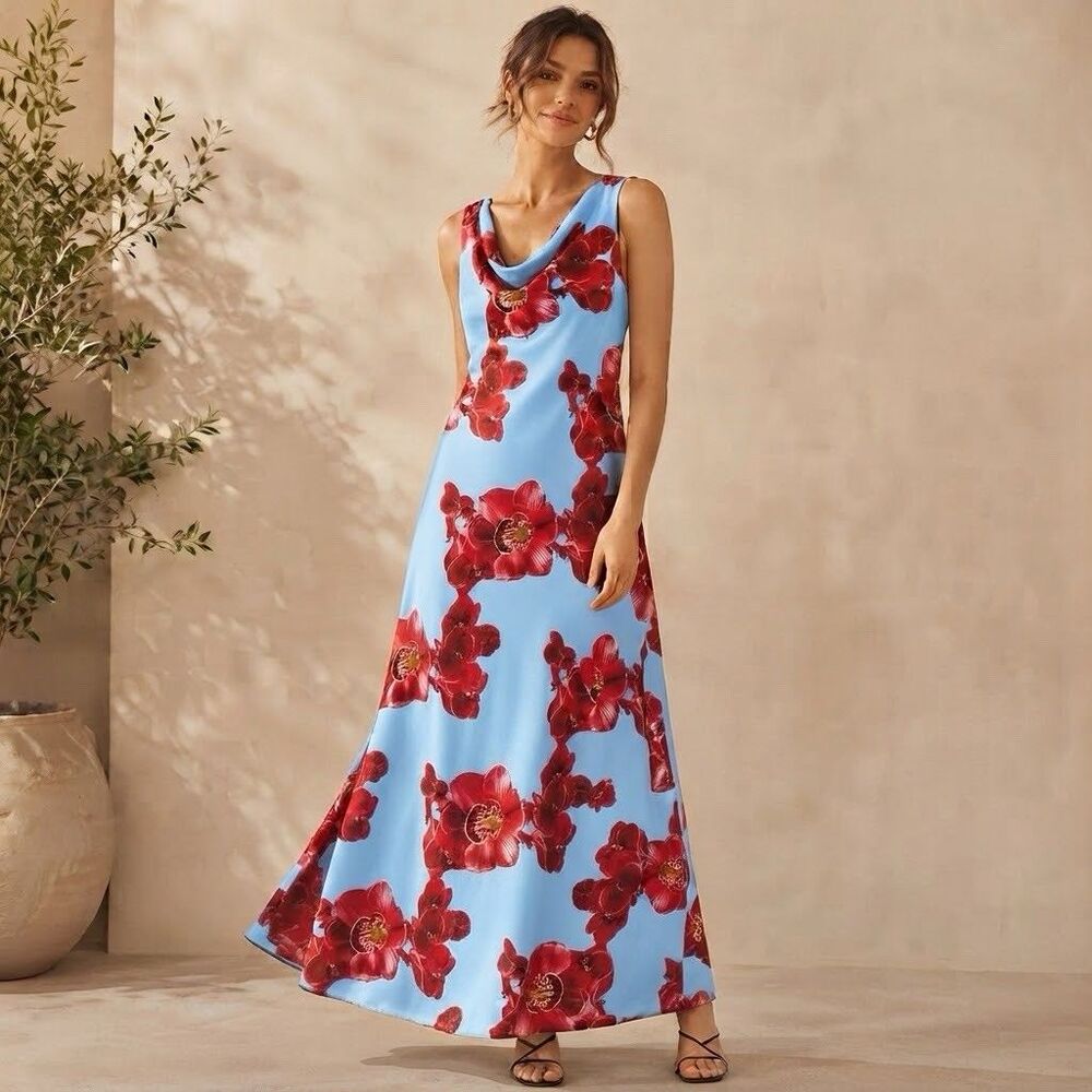 Paper Heart Anthropologie Floral Maxi Dress size M Blue Magenta Pink Cowl Neck